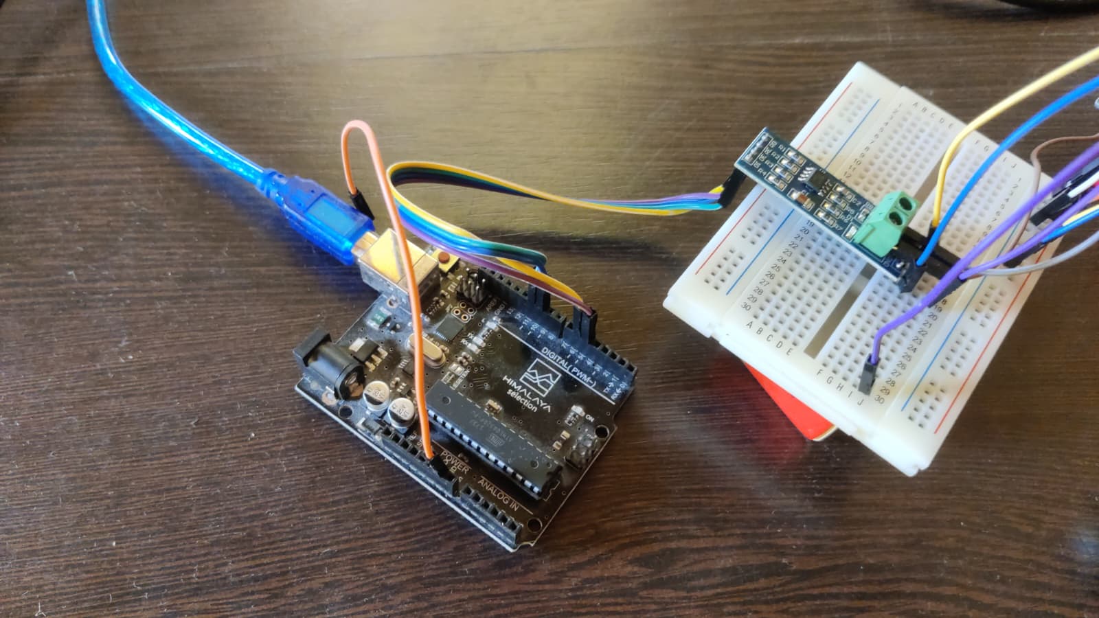 Arduino bench setup used to develop the soil-moisture sensor driver
